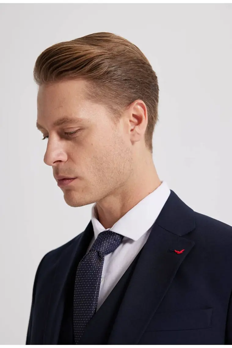 Slim Fit Lacivert Mono Yaka Tek Yırtmaçlı Astarlı Takim Elbise Yelekli 4HFY5ORT01599