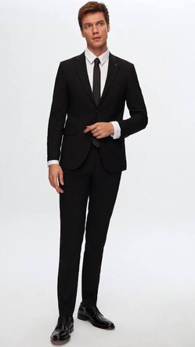 Slim Fit Siyah Düz Mono Yaka Çift Yırtmaçlı Astarlı Takim Elbise 4HF05ORT01577