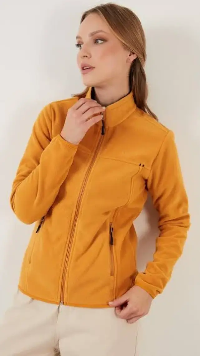 Lela Dik Yaka Fermuarlı Cepli Polar Hırka Bayan Polar 5907002