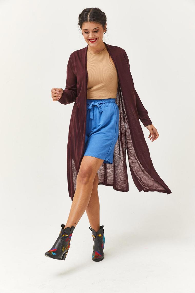 Ebsumu Kadın Ince Triko Yazlık Uzun Mürdüm Hırka & Pareo