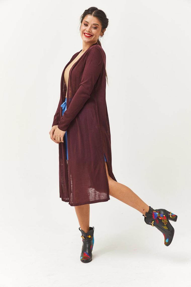 Ebsumu Kadın Ince Triko Yazlık Uzun Mürdüm Hırka & Pareo