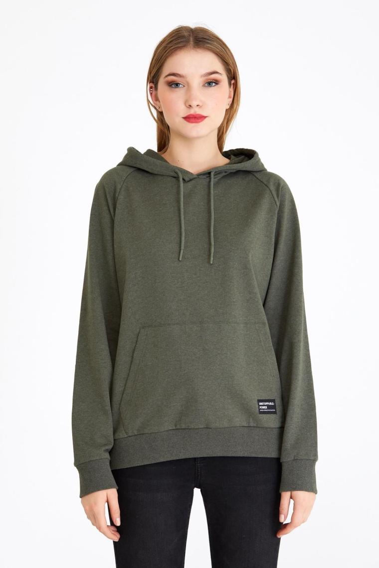 Mmetalic Kadın Haki Renk Kapüşonlu Basic Örme Sweatshirt