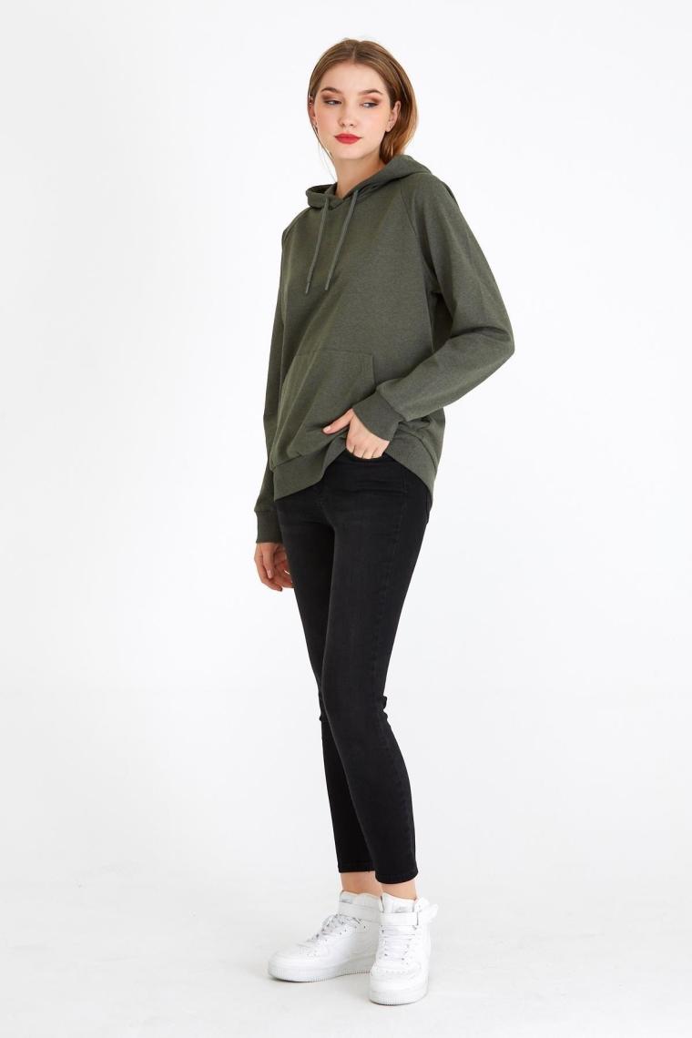 Mmetalic Kadın Haki Renk Kapüşonlu Basic Örme Sweatshirt