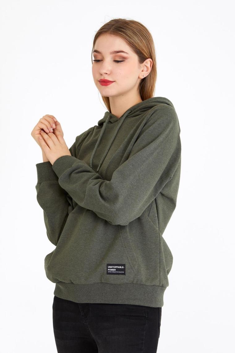 Mmetalic Kadın Haki Renk Kapüşonlu Basic Örme Sweatshirt