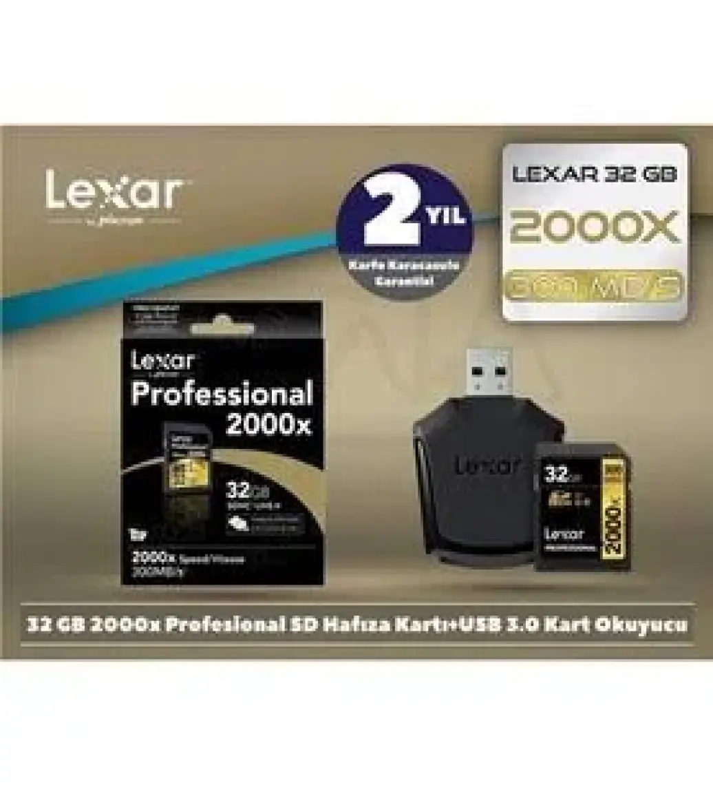 Lexar 32GB 2000x Professional SDHC Hafıza Kartı + USB Kart Okuyucu UII 300MB/sn (LSD32GCRBEU2000R)