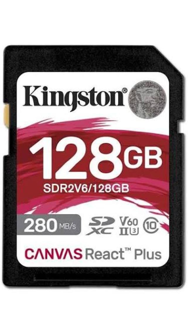 Kingston Canvas React Plus 128GB Sd V60 Uhs-Iı  Hafıza Kartı 280MB/S Okuma, 100MB/S'YE Varan Yazma SDR2V6/128GB