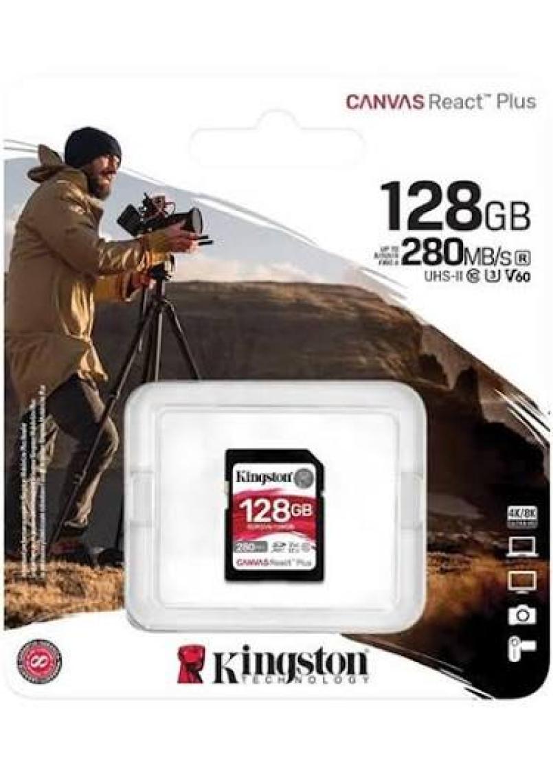 Kingston Canvas React Plus 128GB Sd V60 Uhs-Iı  Hafıza Kartı 280MB/S Okuma, 100MB/S'YE Varan Yazma SDR2V6/128GB