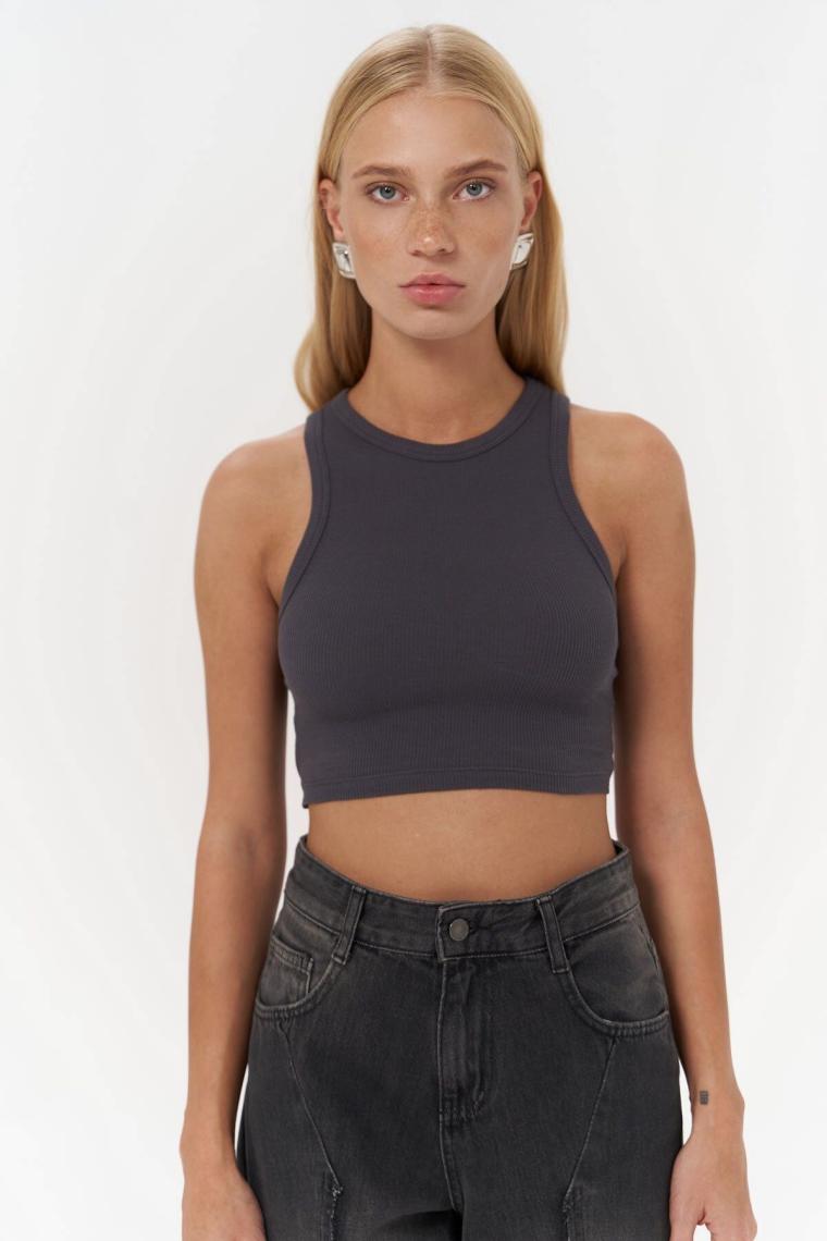Mai Fleur Fitilli Halter Yaka Antrasit Crop