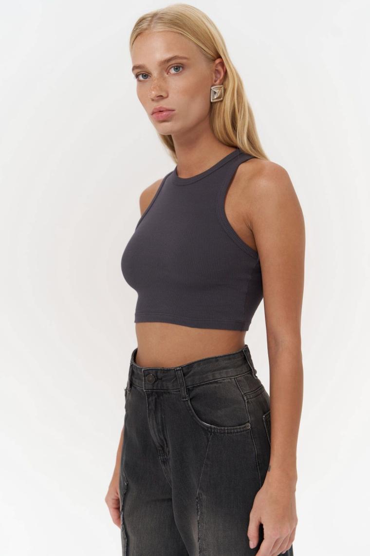 Mai Fleur Fitilli Halter Yaka Antrasit Crop