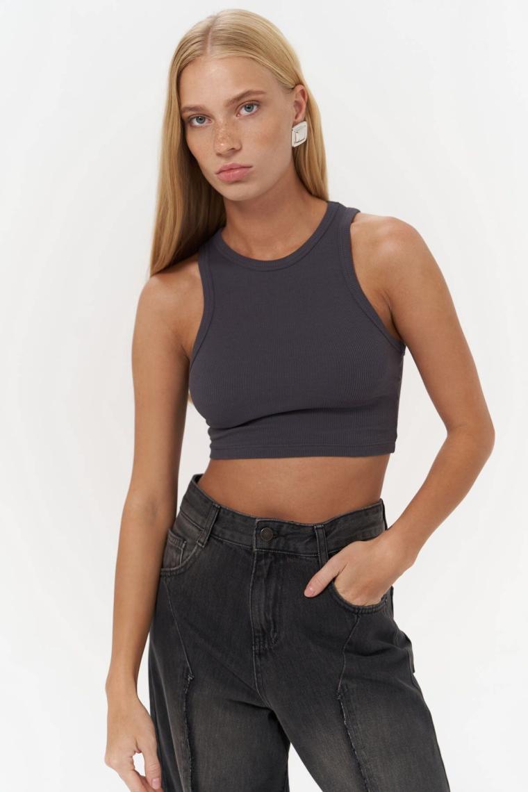 Mai Fleur Fitilli Halter Yaka Antrasit Crop