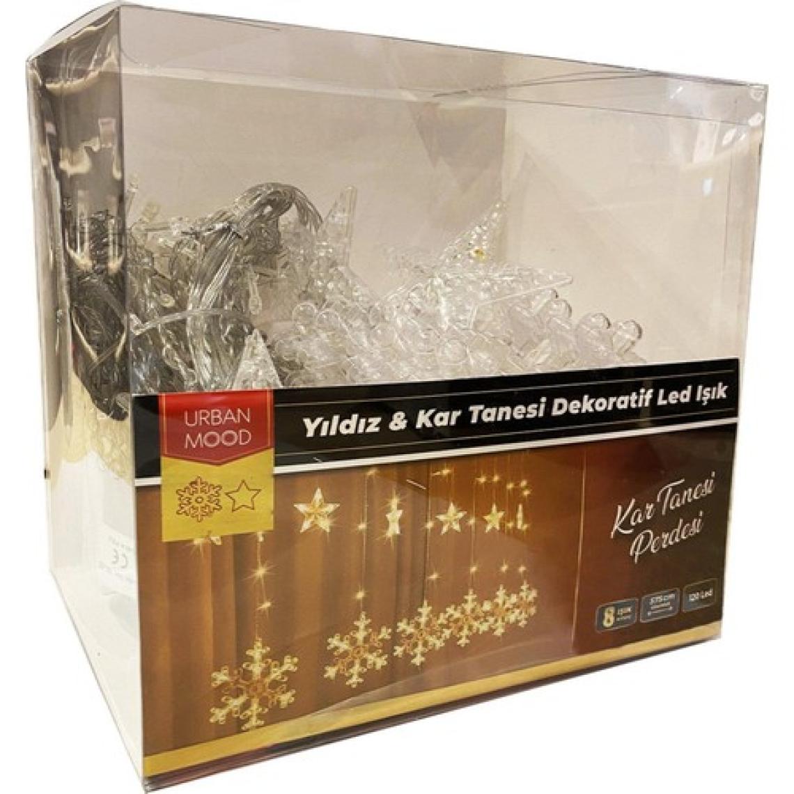 Yılbaşı Dekorasyonu Kar Tanesi ve Yıldız Dekoratif 120 LED Işık Perdesi Sarı Işık Yılbaşı Işığı