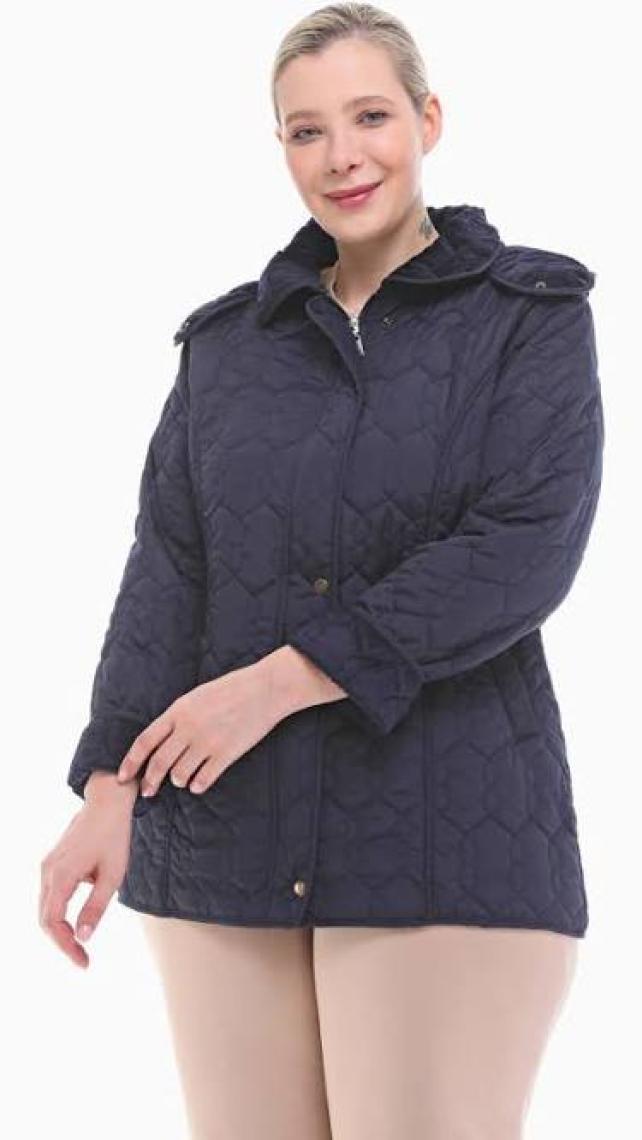 Vetre Kadın Büyük Beden Kapüşonlu 75 CM Lacivert Kapitone Mont 1014