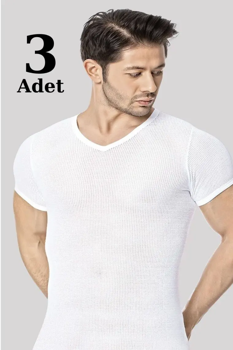 Erkek Fileli Tişört Beyaz V Yaka 3'lü Paket %100 Pamuk
