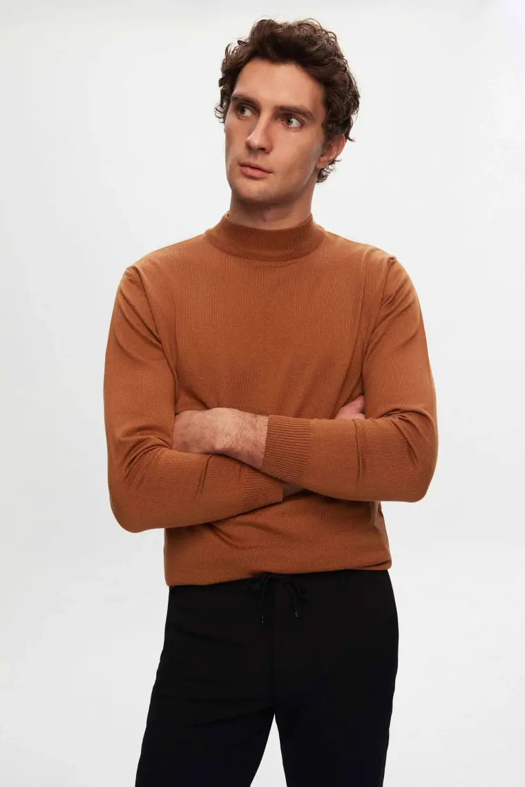 Regular Fit Camel Pamuk Karışımlı Yarım Balıkçı Triko Kazak 5HF06ORT16275