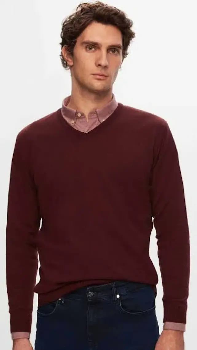 Regular Fit Bordo Düz V Yaka Triko Kazak 5HF06ORT12003