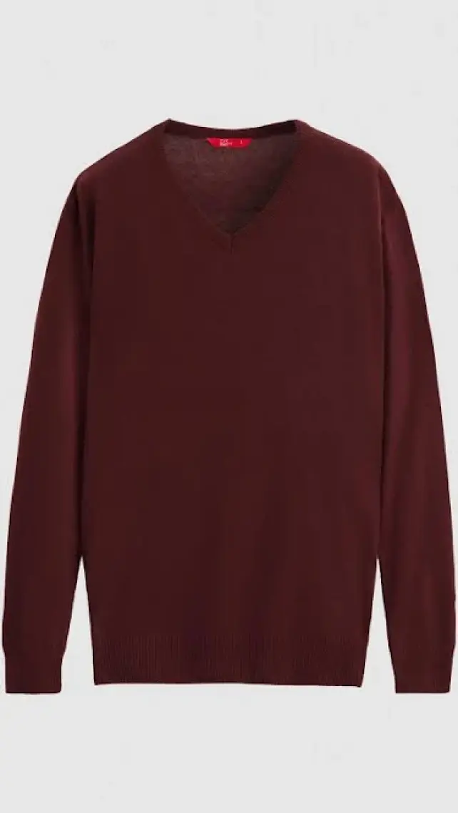 Regular Fit Bordo Düz V Yaka Triko Kazak 5HF06ORT12003