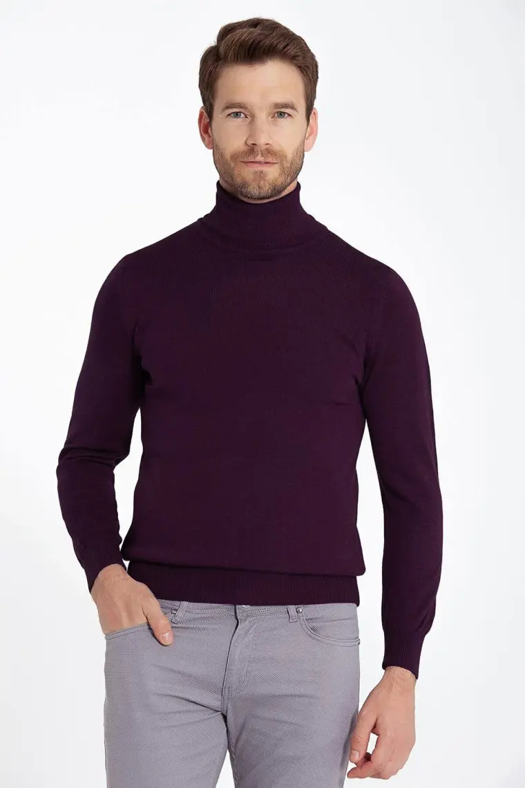Hatemoğlu Mor Regular Fit Balıkçı Yaka Triko Kazak
