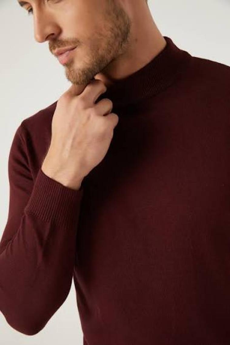 Regular Fit Bordo Pamuk Karışımlı Yarım Balıkçı Triko Kazak 5HF06ORT16275