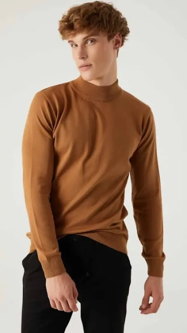 D'S Damat Regular Fit Camel Pamuk Karışımlı Yarım Balıkçı Triko Kazak 5HF06ORT16275