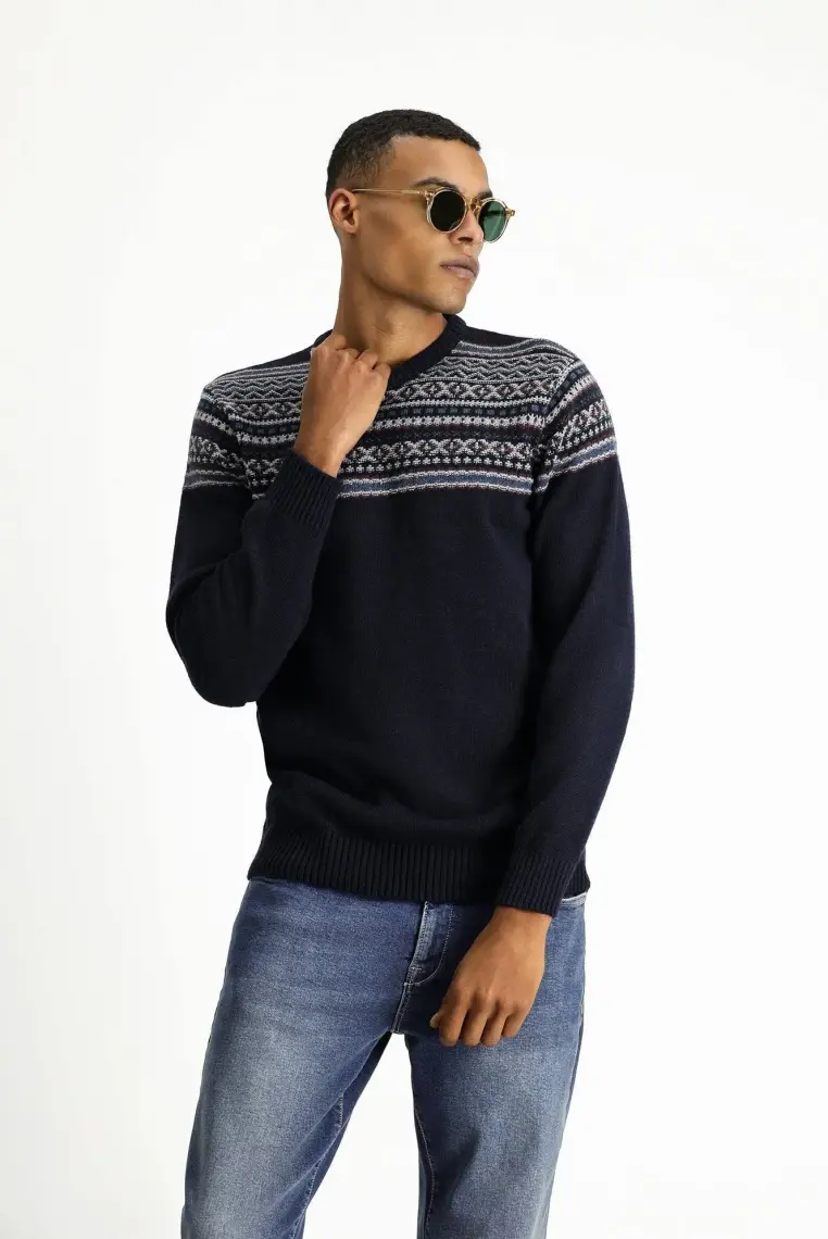 Bisiklet Yaka Slim Fit Dar Kesim Yünlü Desenli Triko Kazak