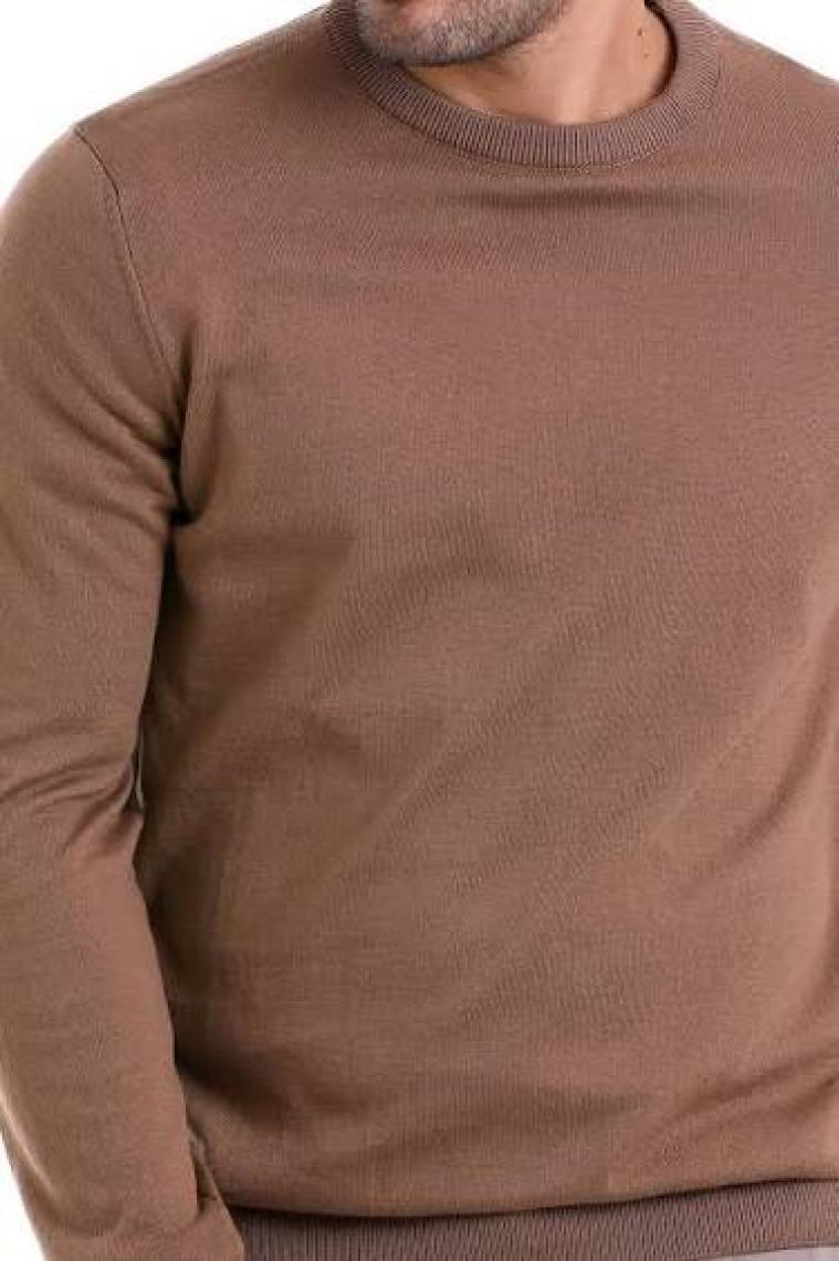 Hatemoğlu Erkek Kahverengi Regular Fit %100 Pamuk Bisiklet Yaka Triko Kazak
