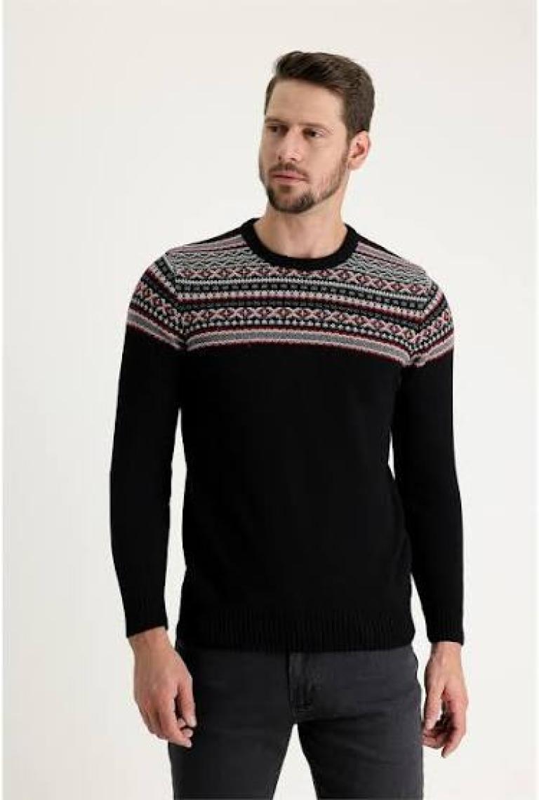 Bisiklet Yaka Slim Fit Dar Kesim Yünlü Desenli Triko Kazak