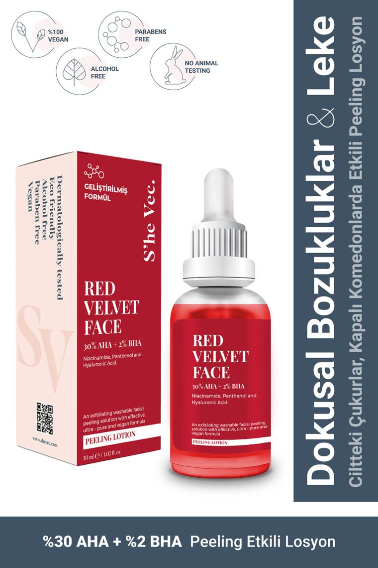 RED VELVET FACE - AHA %30 & BHA %2 Arındırıcı Cilt Tonu Eşitleyici Kırmızı Peeling Serum (30 ml)