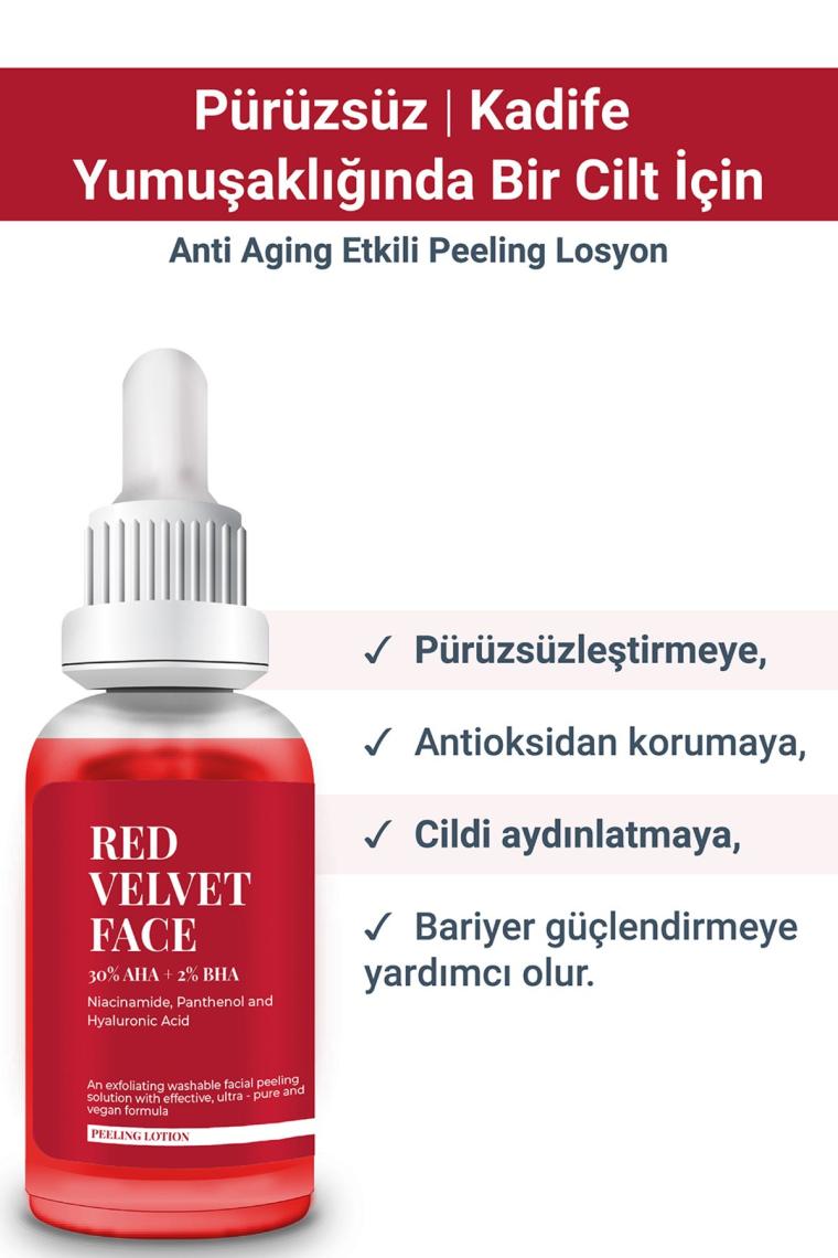 RED VELVET FACE - AHA %30 & BHA %2 Arındırıcı Cilt Tonu Eşitleyici Kırmızı Peeling Serum (30 ml)