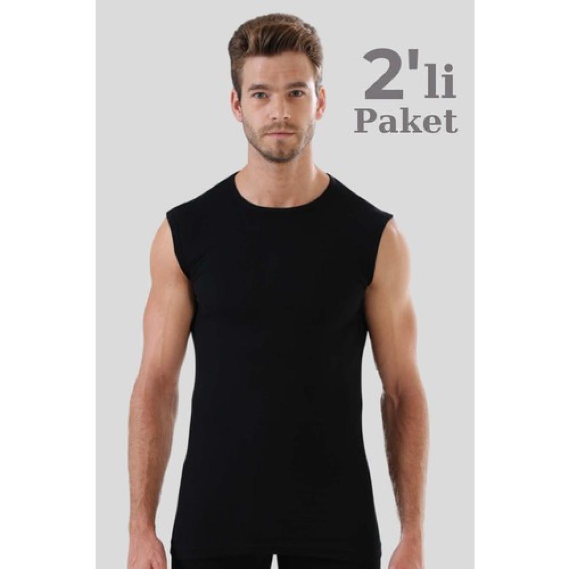 Erkek Pamuklu Siyah Tişört Sıfır Kol Sıfır Yaka Kolsuz Atlet 2'li Paket