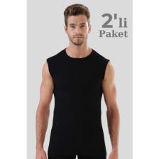Erkek Pamuklu Siyah Tişört Sıfır Kol Sıfır Yaka Kolsuz Atlet 2'li Paket