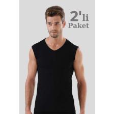 Erkek Siyah Pamuklu Tişört Sıfır Kol V Yaka Kolsuz Atlet 2'li Paket