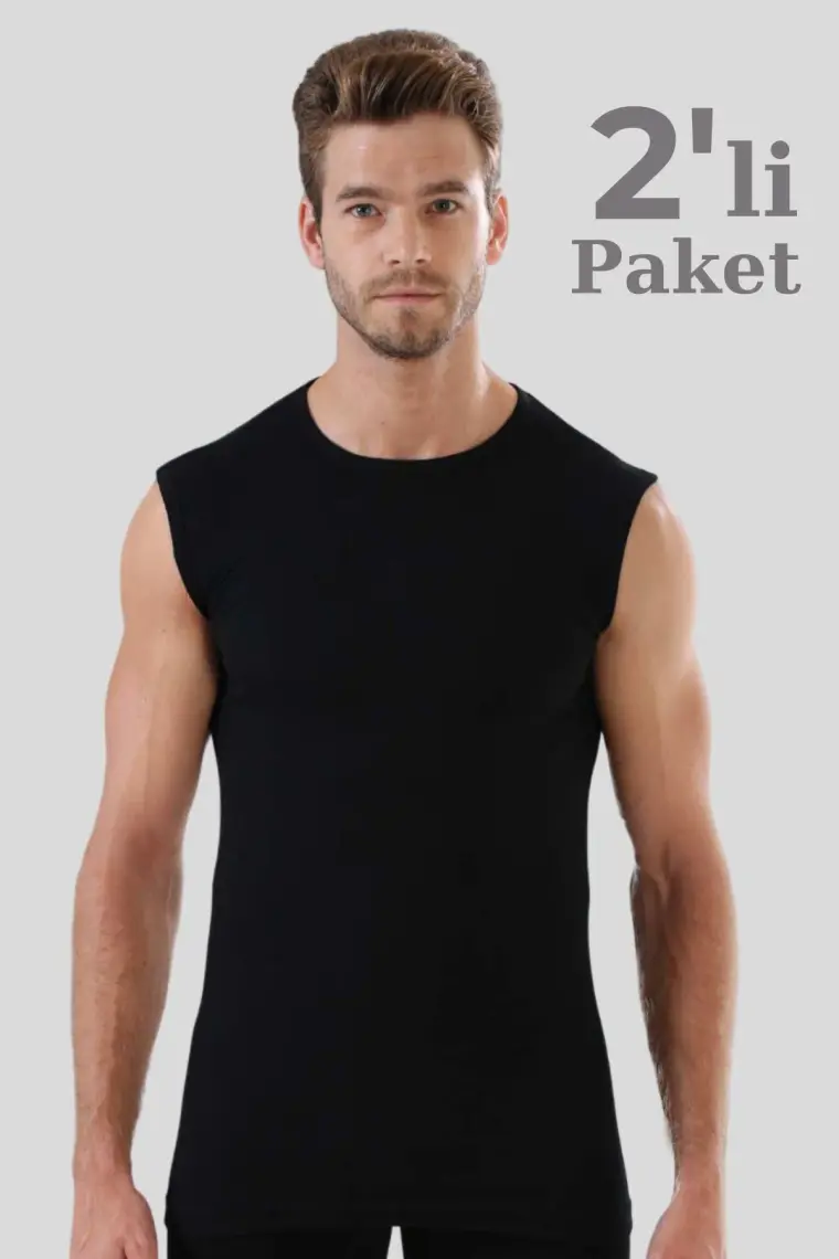 Erkek Pamuklu Siyah Tişört Sıfır Kol Sıfır Yaka Kolsuz Atlet 2'li Paket