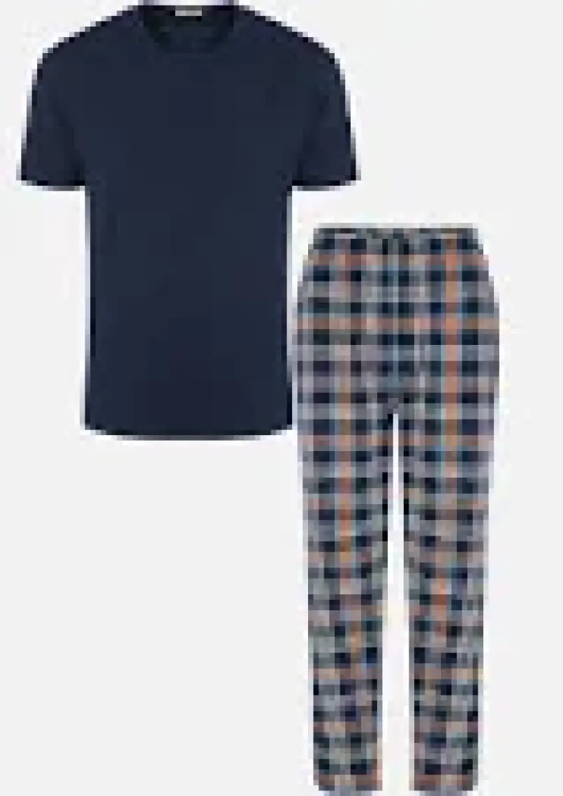 Erkek Kısa Kollu Ekose Desenli Pamuklu Pijama Takımı