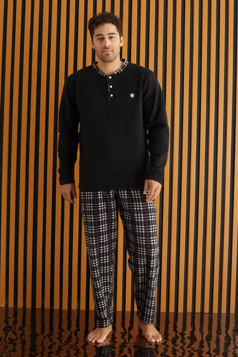 Pijama Evi Siyah Kırmızı Ekose Desenli polar erkek pijama takımı