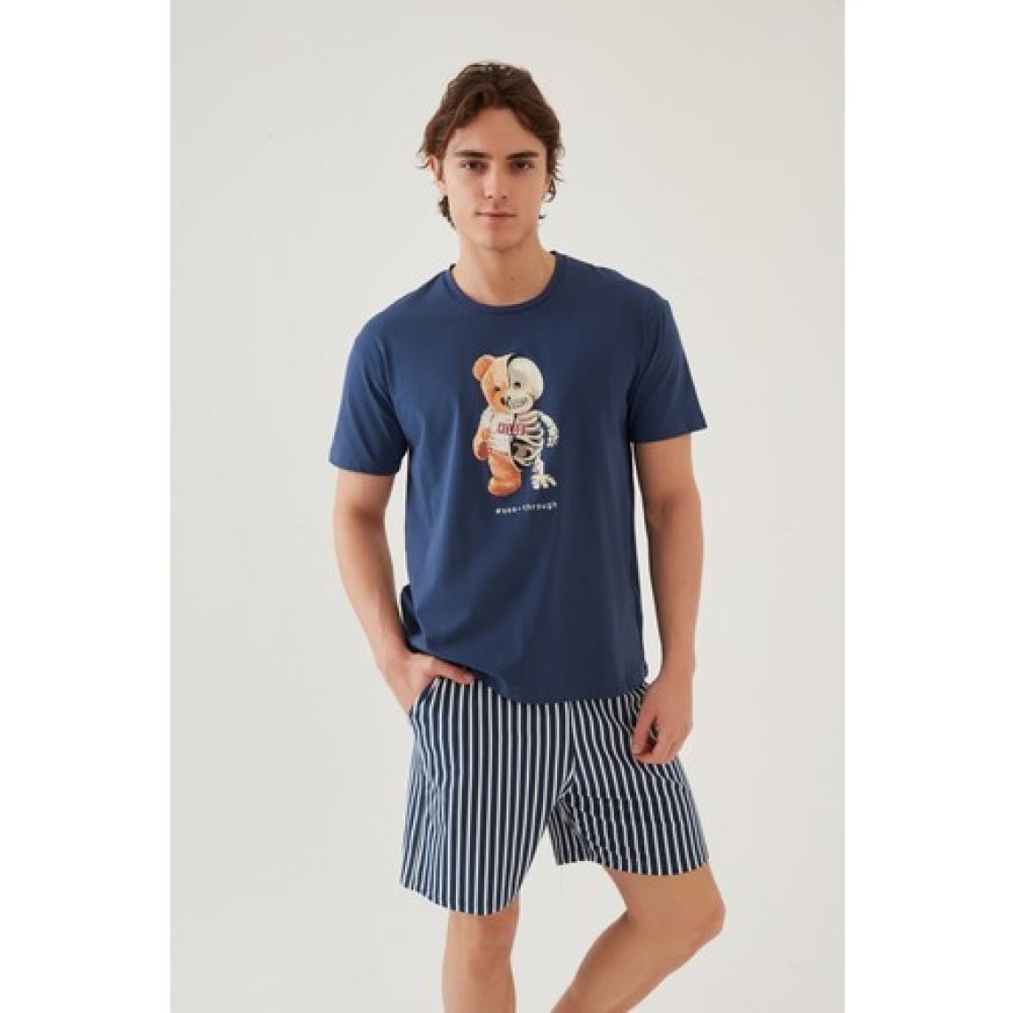 Koza İç Giyim Erkek Pamuklu Mavi Baskılı Cepli Şort Pijama Takımı
