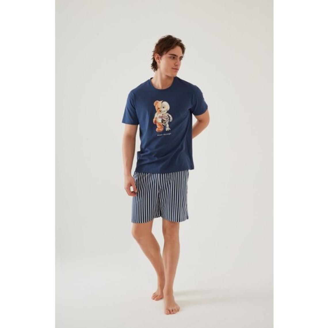 Koza İç Giyim Erkek Pamuklu Mavi Baskılı Cepli Şort Pijama Takımı