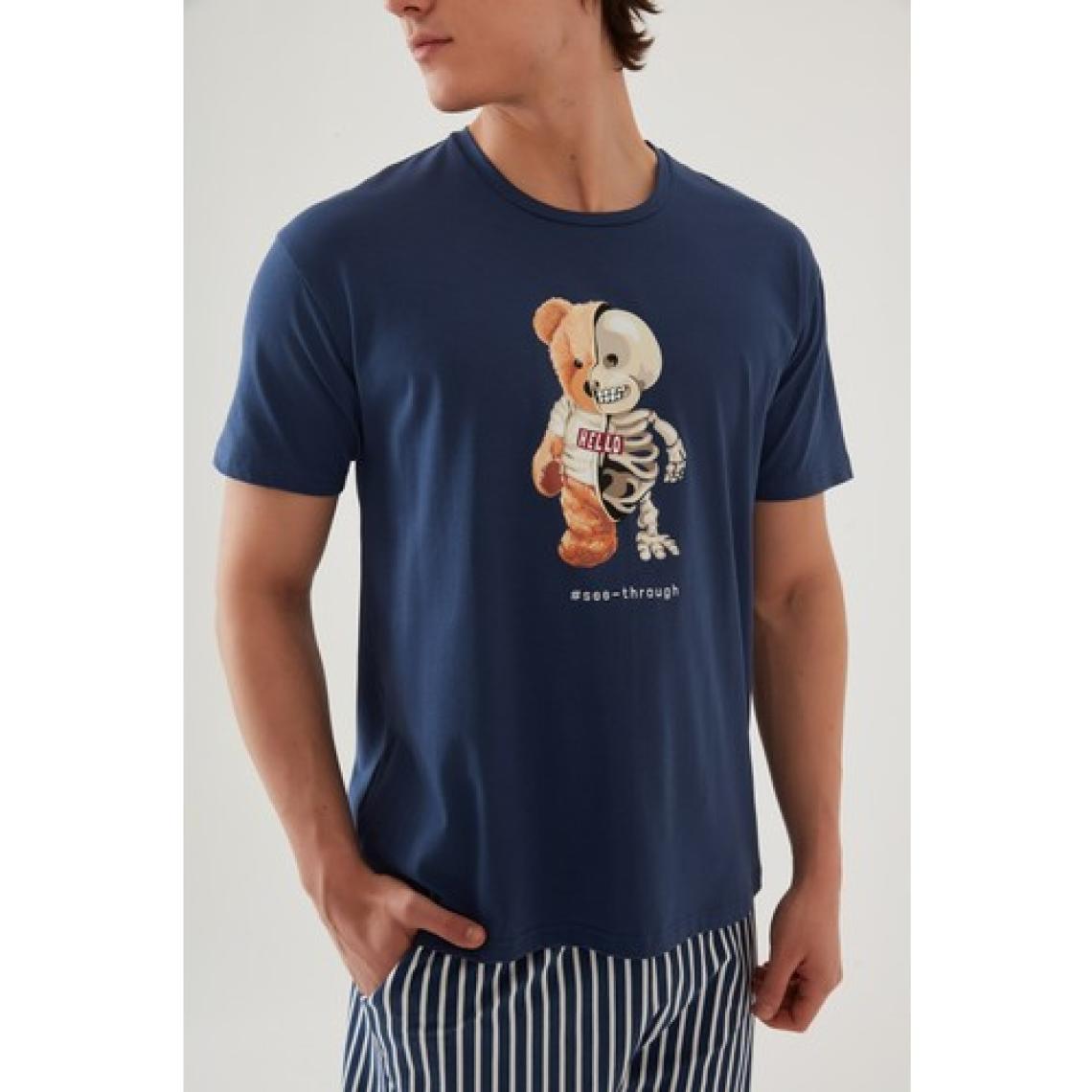 Koza İç Giyim Erkek Pamuklu Mavi Baskılı Cepli Şort Pijama Takımı