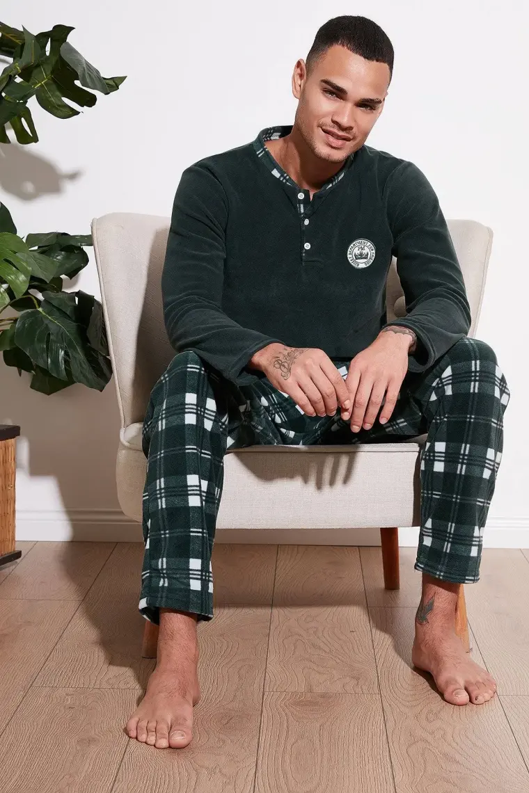 Buratti Ekoseli Regular Fit Düğmeli Bisiklet Yaka Kışlık Polar Pijama Takımı Erkek Pijama Takımı 60961002