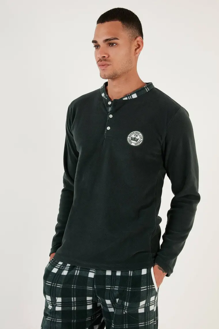 Buratti Ekoseli Regular Fit Düğmeli Bisiklet Yaka Kışlık Polar Pijama Takımı Erkek Pijama Takımı 60961002