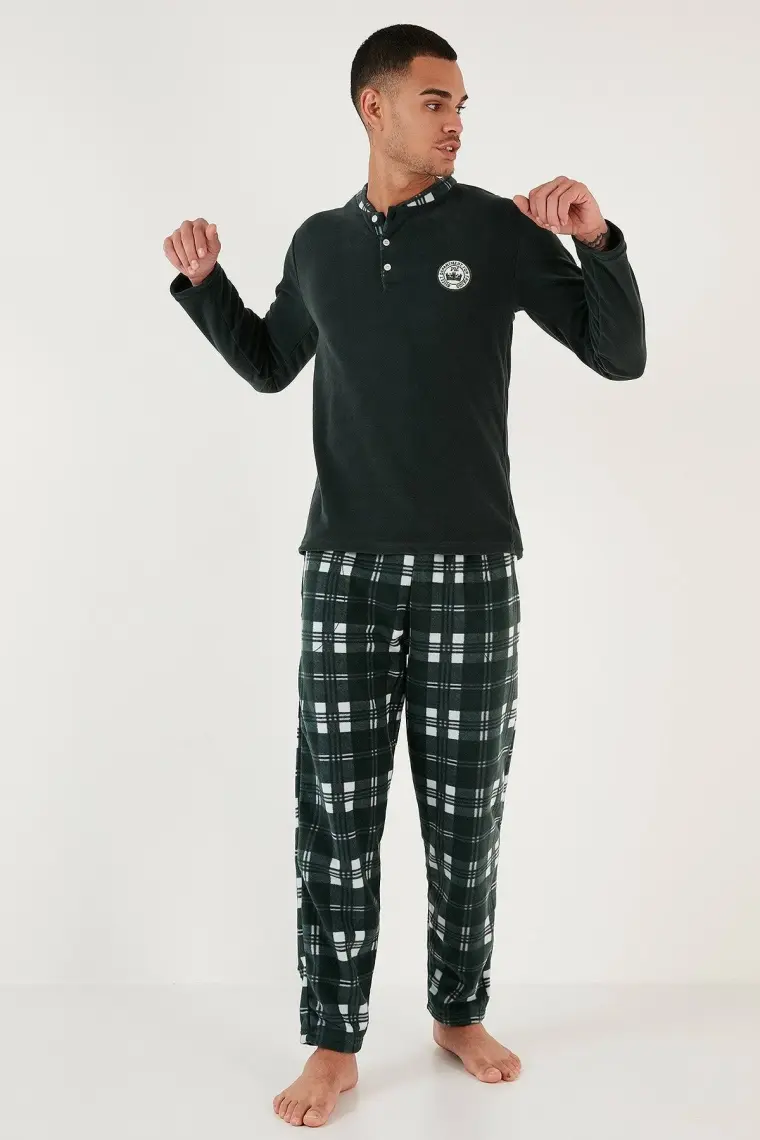 Buratti Ekoseli Regular Fit Düğmeli Bisiklet Yaka Kışlık Polar Pijama Takımı Erkek Pijama Takımı 60961002