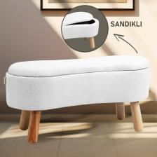 Zem Scala Sandıklı Bohem Ahşap Ayaklı Puf/Bench, Kırık Beyaz