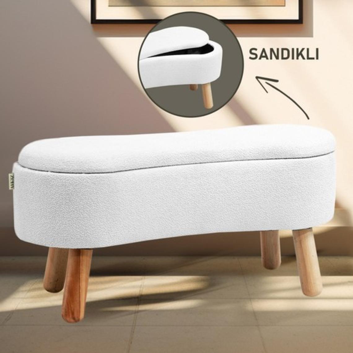 Zem Scala Sandıklı Bohem Ahşap Ayaklı Puf/Bench, Kırık Beyaz