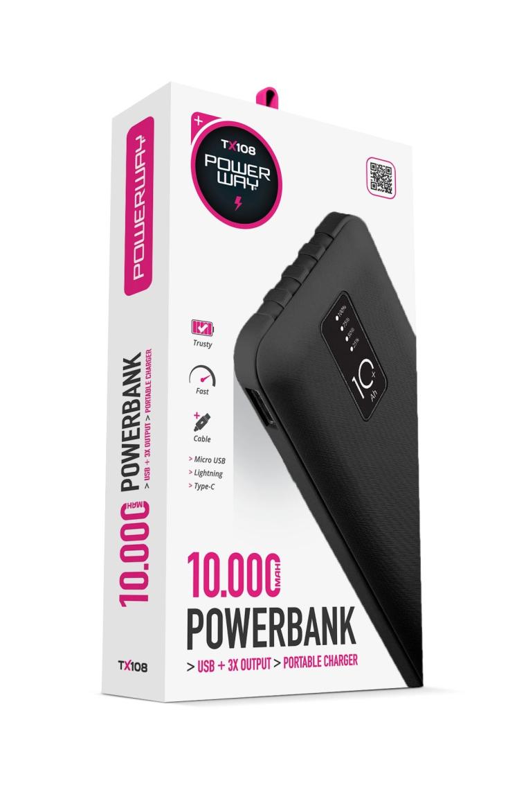 Powerway TX108 10000 mAh Type-C Micro USB Lightning Kablolu Dijital Göstergeli Powerbank Siyah