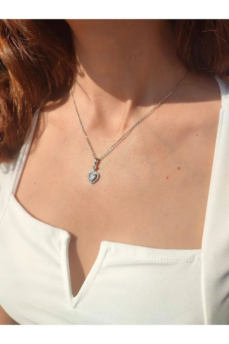 Evorya Kadın 316L Paslanmaz Çelik Gümüş Swarovski Taşlı Kalp Kolye