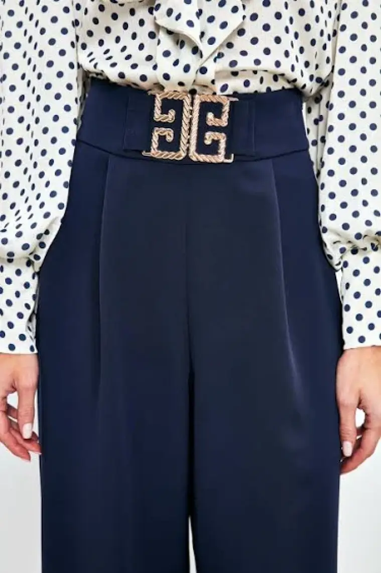 Sateen Bel Aksesuarlı Bol Paça Pantolon - Sax Mavi