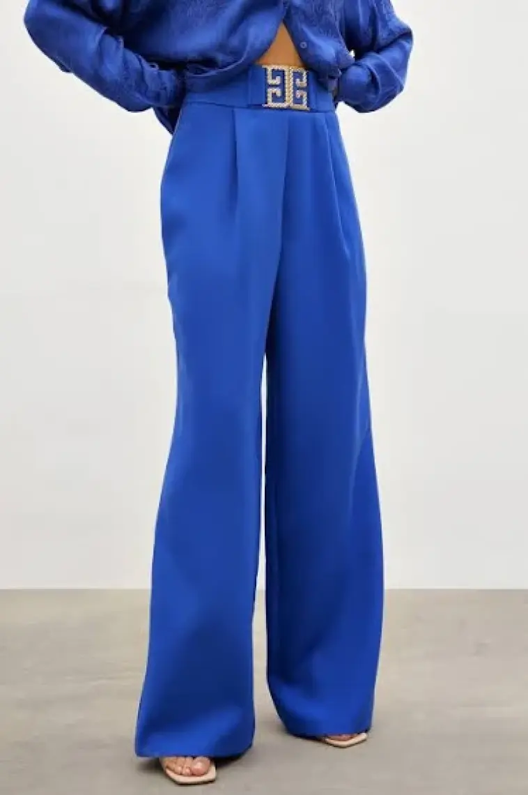 Sateen Bel Aksesuarlı Bol Paça Pantolon - Sax Mavi