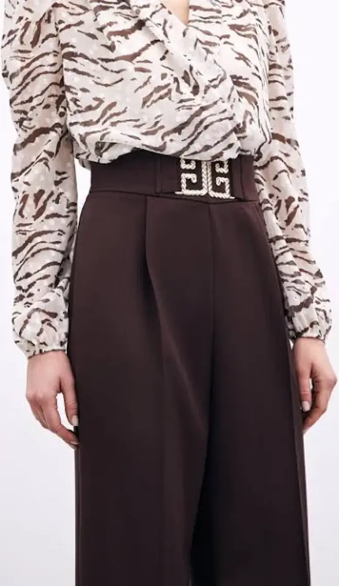 Sateen Bel Aksesuarlı Bol Paça Pantolon - Sax Mavi