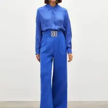 Sateen Bel Aksesuarlı Bol Paça Pantolon - Sax Mavi