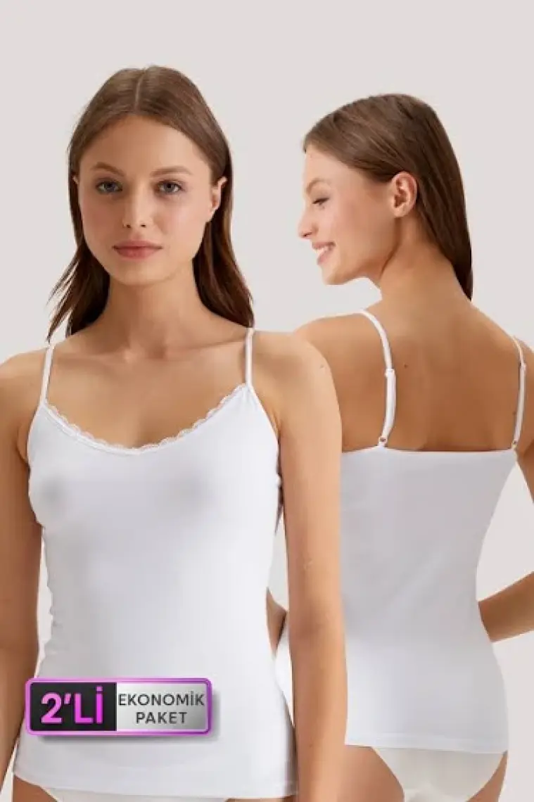 Pierre Cardin Beyaz 2'li  Ekonomik Paket 1024 İnce Askılı Dantelli Basic Pamuklu Atlet