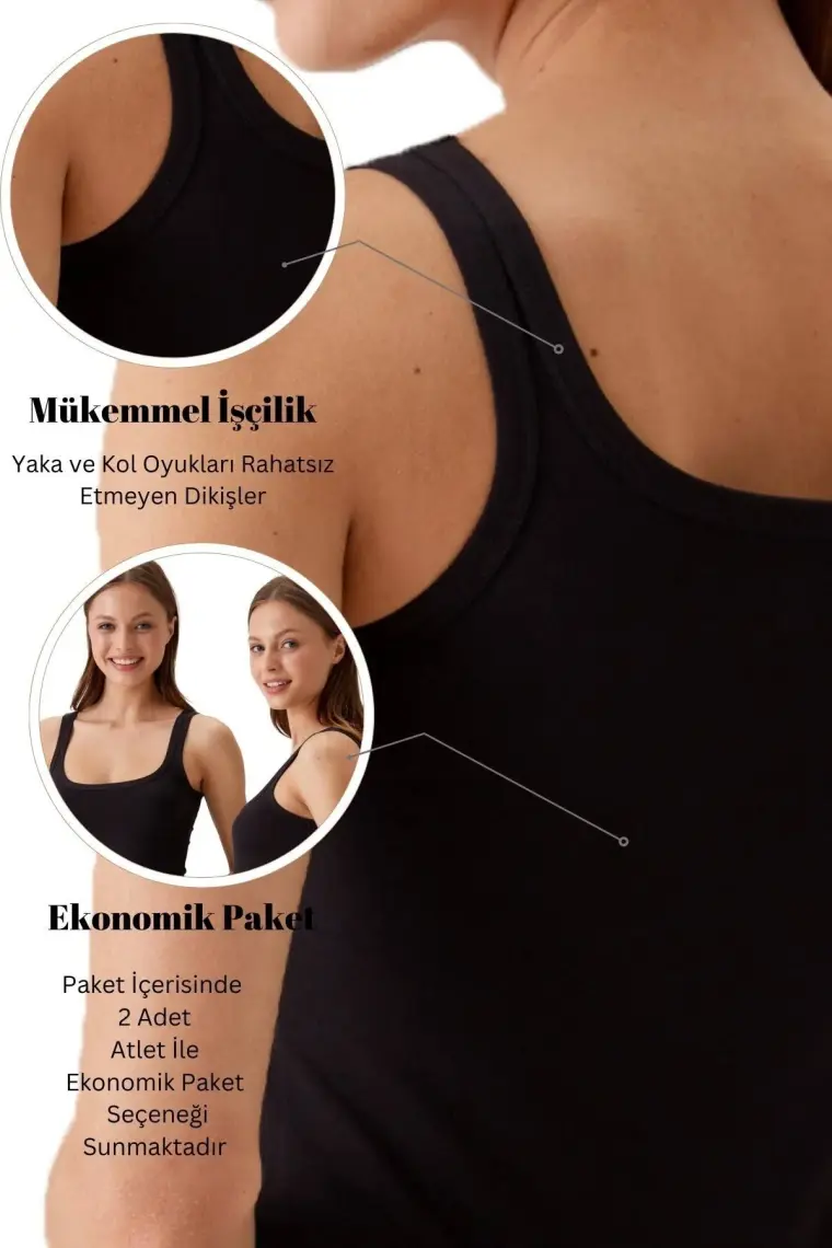 Pierre Cardin 2'li Ekonomik Paket Siyah 1025 Kare Yaka Kalın Askılı Basic Pamuklu Atlet Set